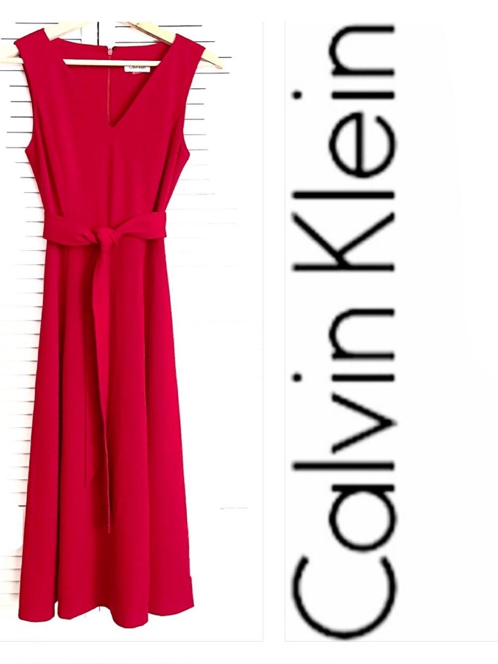 Elegant Calvin Klein Red Sleeveless Tie-Waist Dress!